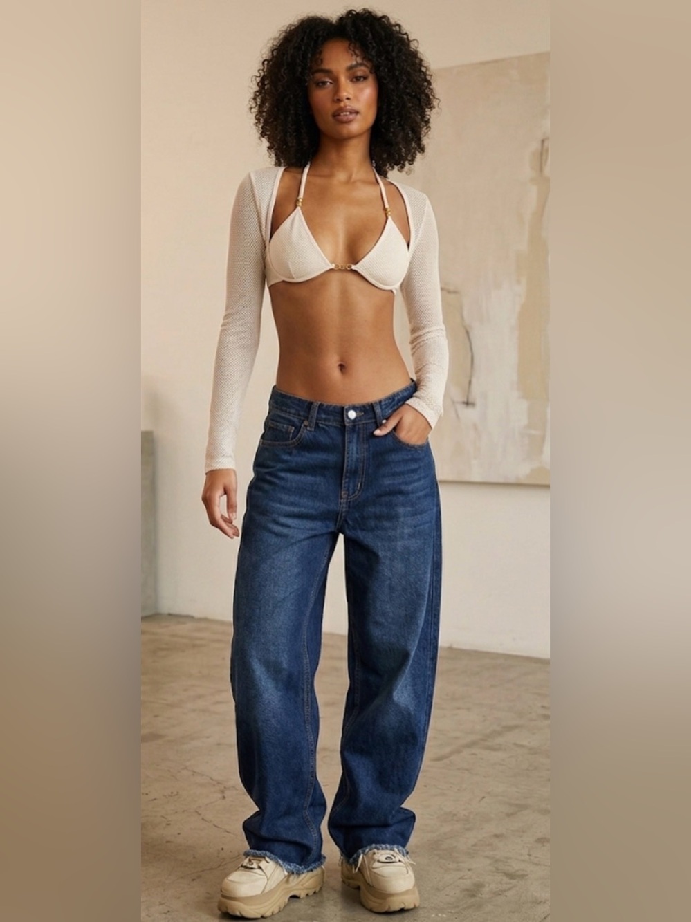 NWT PLT Label Cream Sheer Mesh Strappy Cross Front Long Sleeve Bralette - Size 8